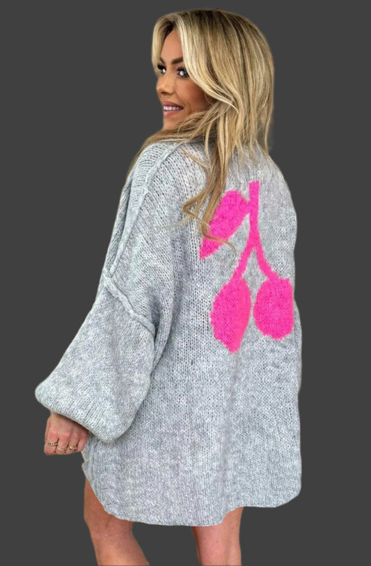 'Cherry' printed Longline knitted Cardigan